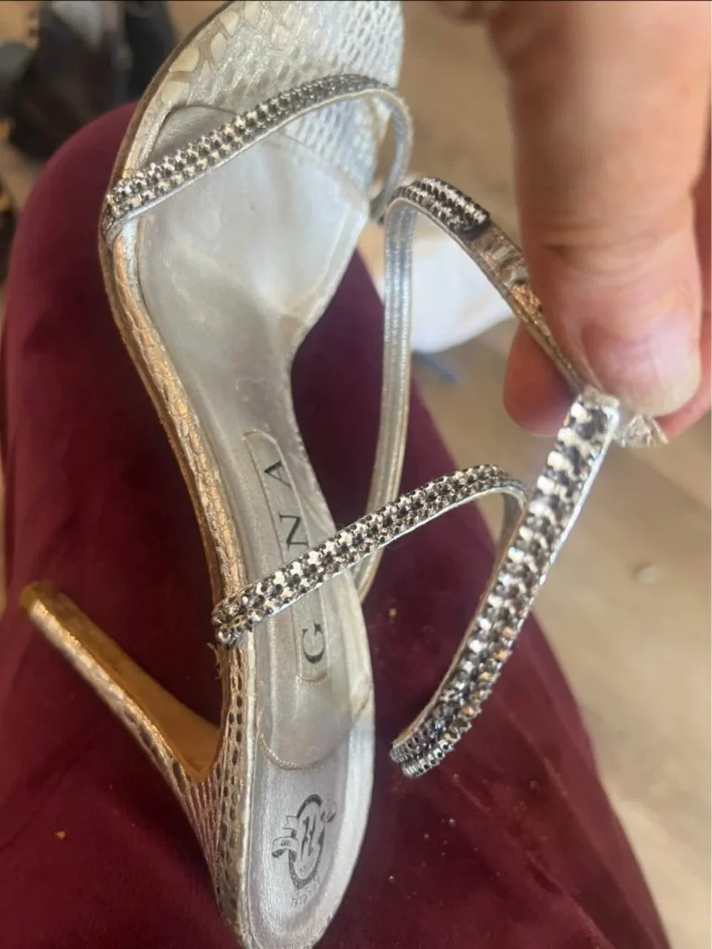 Gina London Metallic Snakeskin Strappy Crystal Heels
